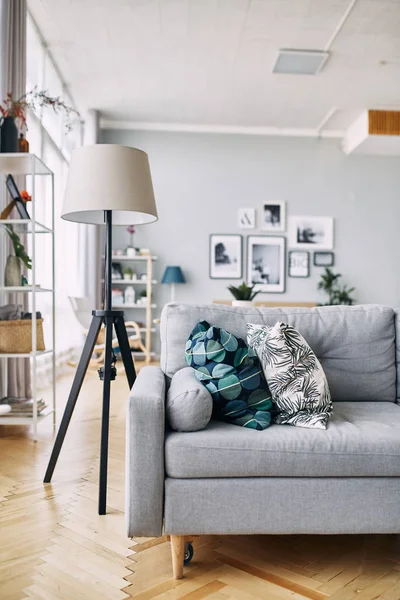 gray sofa and floor lamp in the interior.
