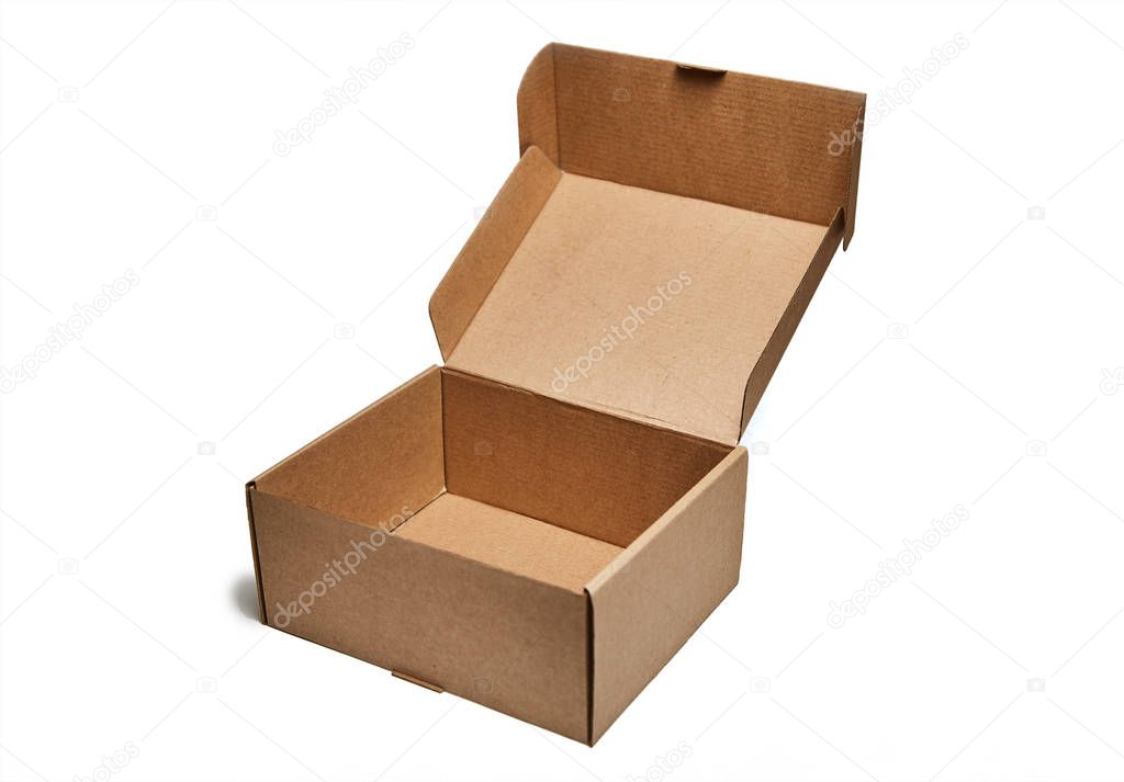 close-up single carton box open empty isolated on white background, brown parcel cardboard box for packages delivery