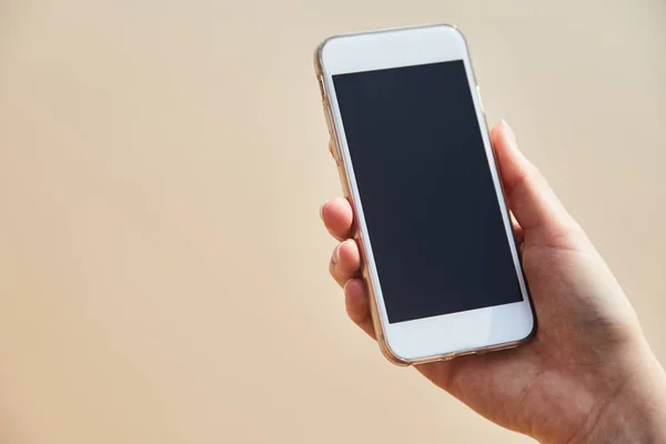 Mobile phone in female hand on the background of the beach and ocean — Stock Photo, Image