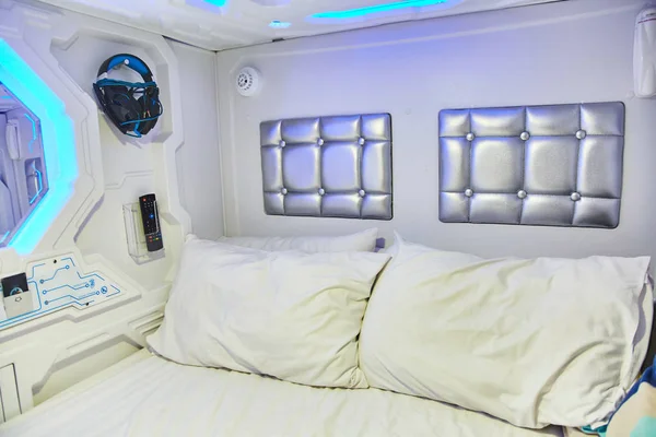 Bed space capsule hotel in Singapore. Close-up