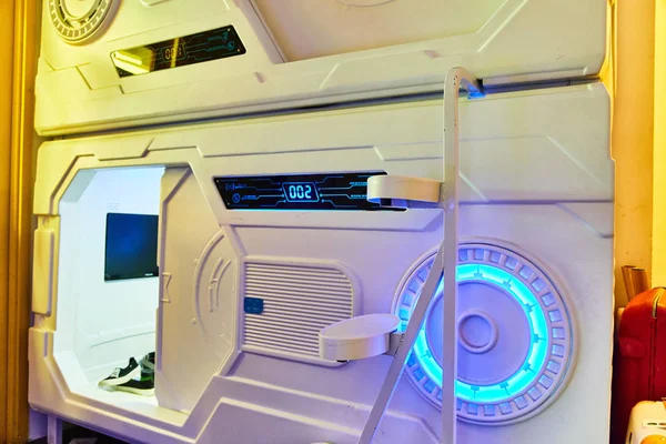 Bed space capsule hotel in Singapore. Close-up