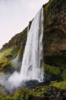 Güneşli bir günde İzlanda Fantastik Seljalandsfoss şelale.