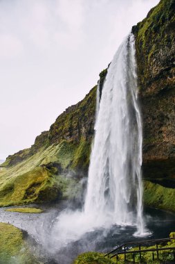 Güneşli bir günde İzlanda Fantastik Seljalandsfoss şelale.
