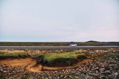 Gri araba İzlanda'da bir yol yakınında duruyor