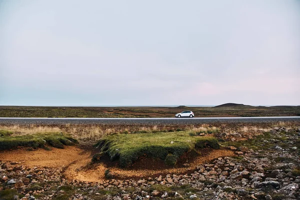 Gri araba İzlanda'da bir yol yakınında duruyor