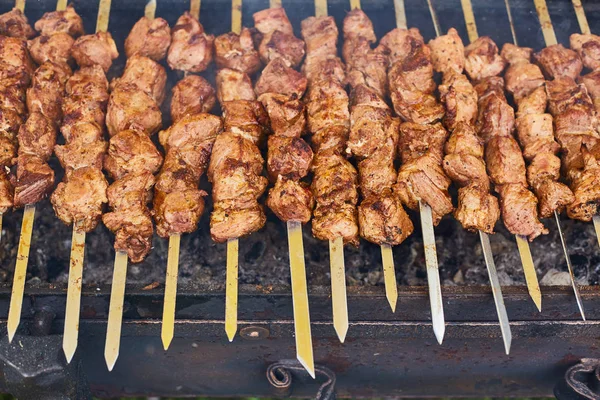 Şiş kebap şişleri ve duman ile sıcak kömürlerin üzerinde