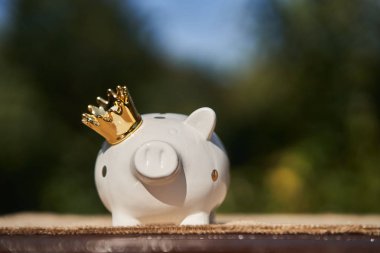 Bölünmüş bir masa üzerinde altın taç ile beyaz kumbara