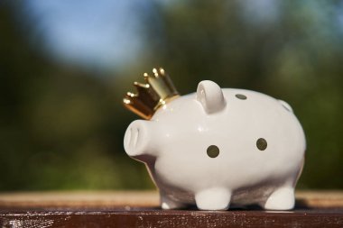 Bölünmüş bir masa üzerinde altın taç ile beyaz kumbara