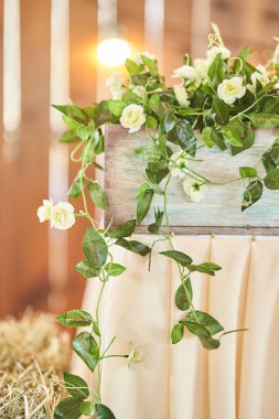 Düğün süsleri. Beyaz masa örtüsü nde beyaz tabaklar. Doğal tarzı düğün