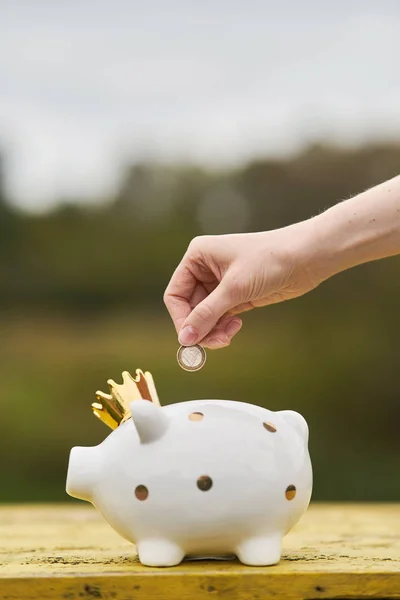 The girl puts 1 euro into the piggy bank. Girl saves for a dream. Investment, saving. — ストック写真