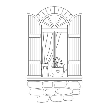 Pervazında çiçek olan kırsal bir pencere. El çizimi illüstrasyon.