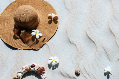Üzerinde deniz kabukları olan bir hasır şapka, kumlu bir kumsal sahili, şapkada Frangipani çiçekleri. Dinlenme ve denizde seyahat kavramı. Yer kopyala