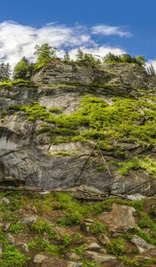 Panorama ve uçurumun ve dağlar taşlar, güzel ve görkemli vahşi orman doğa doğal görünümünü. Altay, Sibirya, Rusya Federasyonu. Hafif yaz günüdür.