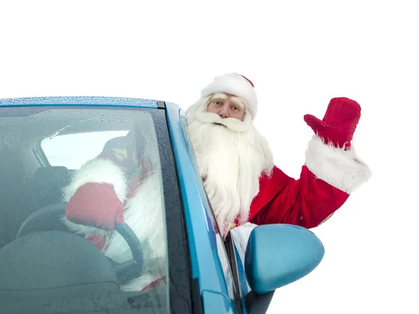 Engraçado Papai Noel Espreitando Para Fora Carro Parabenizando Acenando Fundo — Fotografia de Stock