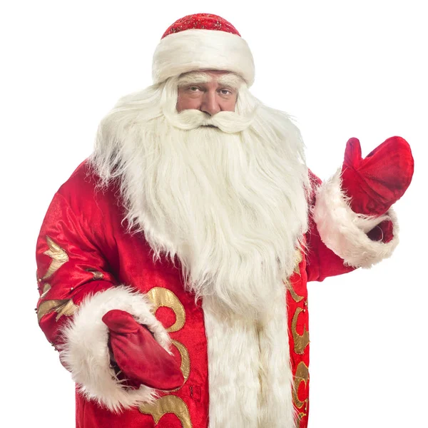 Este Santa Claus Felicita Por Fondo Blanco —  Fotos de Stock