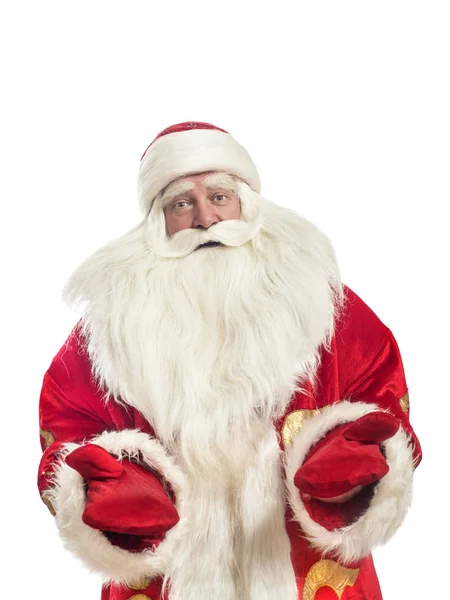 Este Santa Claus Felicita Por Fondo Blanco — Foto de Stock