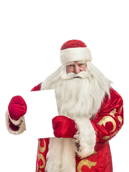 Dieser Weihnachtsmann Gratuliert Auf Weißem Hintergrund Mit Einem Stück Papier — Stockfoto