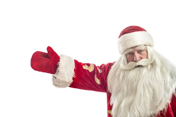 Questo Babbo Natale Congratula Uno Sfondo Bianco Profilo Sotto Forma — Foto Stock