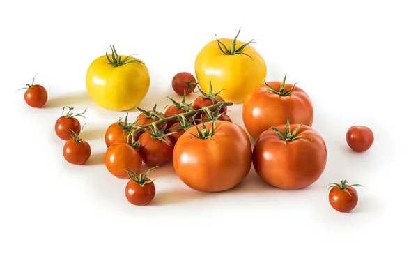 Surtido Diferentes Tipos Tomates Amarillos Rojos Maduros Encuentran Sobre Fondo — Foto de Stock