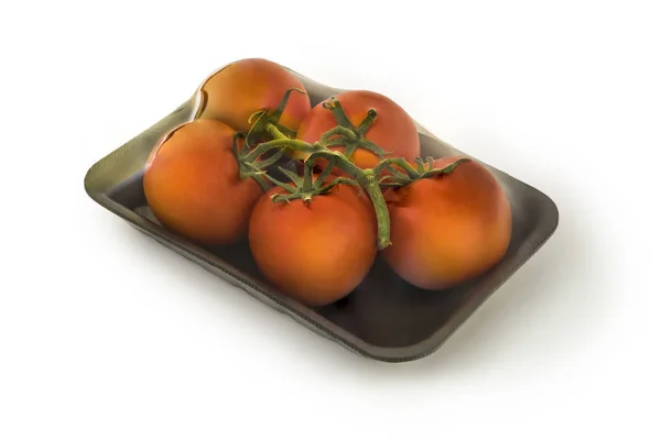 Four Red Ripe Cherry Tomatoes One Branch Plastic Packing Lie — Stock Photo, Image