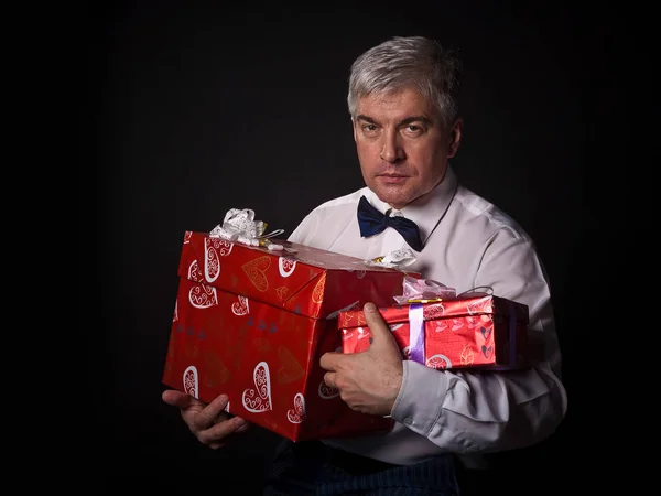 Grey Hair Red Imposing Respectable Man Gifts Handsome Imposing Respectable — Stock Photo, Image