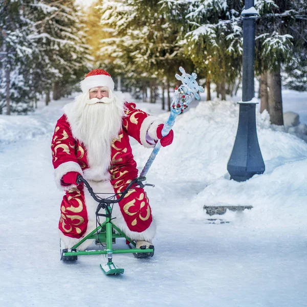 Zábavný Veselý Santa Claus Jezdí Čerstvém Vzduchu Lese Šťastný Nový — Stock fotografie