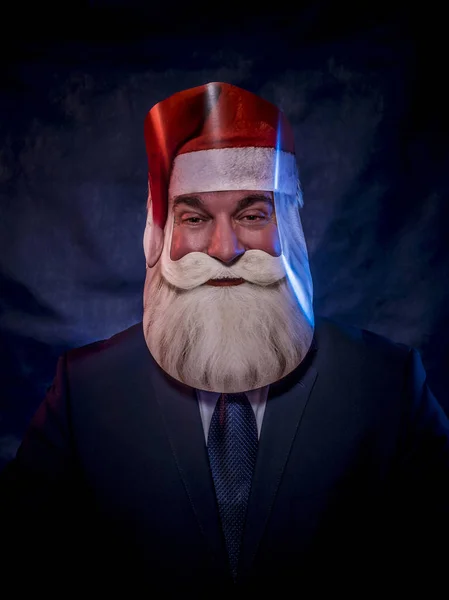 Man Dark Suit Playing Role Santa Claus Cardboard Mask Santa — Stock Photo, Image