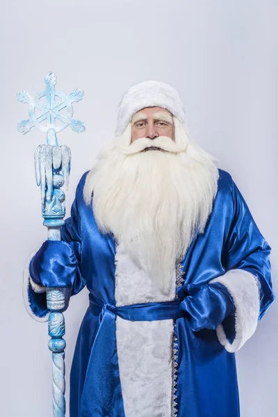 Санта Клаус Дед Мороз Синем Пальто Шляпе Посохом Стоят Белом — стоковое фото
