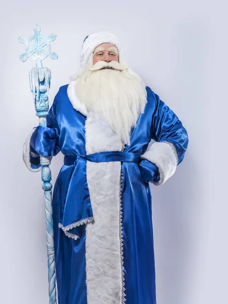 Jultomten Och Far Frost Blå Kappa Hatt Och Med Personal — Stockfoto