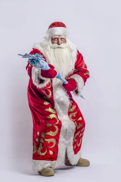 Vater Frost Und Weihnachtsmann Mit Stab Grüßen Herzlich Vordergrund Vor — Stockfoto