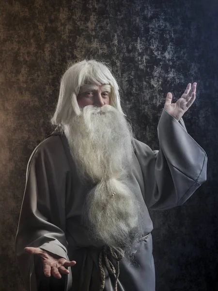 Een Grijs Haired Baard Sombere Wizard Een Grijze Mantel Het — Stockfoto