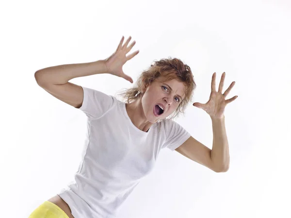 Beautiful Woman White Background Emotional Beautiful Sensual Woman White Shirt — Stock Photo, Image