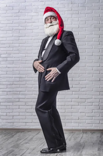 Grey Haired Bearded Man Black Suit Image Santa Claus Red — Stock Photo, Image