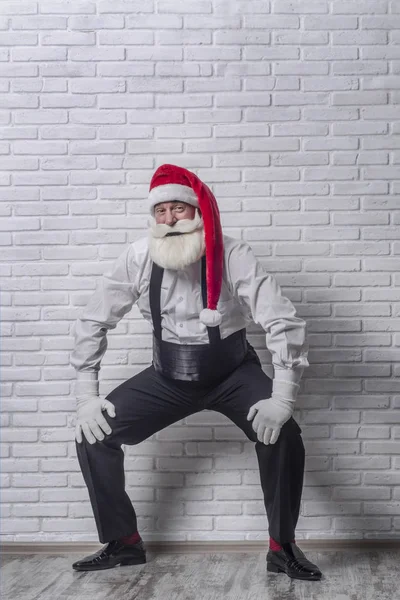 Grey Haired Bearded Man Black Trousers White Shirt Suspenders Image — Stock Photo, Image