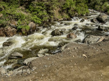 Güzel manzarası ve altay doğa manzara. Bir dağ dere ile kaynar su sıçramalarına ve güneşli bir günde Dağları taşları taşlar.