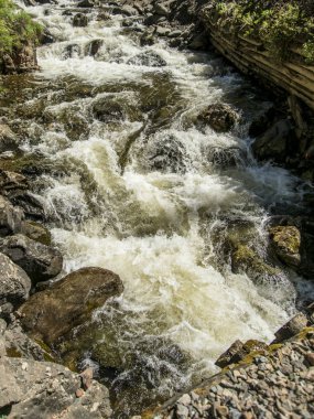 Güzel manzarası ve altay doğa manzara. Bir dağ dere ile kaynar su sıçramalarına ve güneşli bir günde Dağları taşları taşlar.