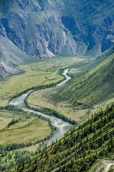 Hermosas Vistas Paisaje Naturaleza Altai Hermoso Valle Montaña Río Flexible —  Fotos de Stock