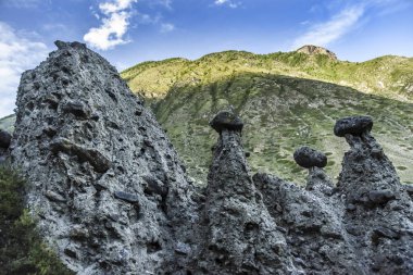 Güzel manzarası ve altay doğa manzara. Güzel ve özgün kaya ve taş mantar gün gökyüzü arka planı şeklinde altay dağlarında.