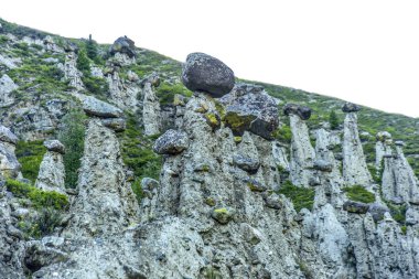 Güzel manzarası ve altay doğa manzara. Güzel ve özgün kaya ve taş mantar gün gökyüzü arka planı şeklinde altay dağlarında.
