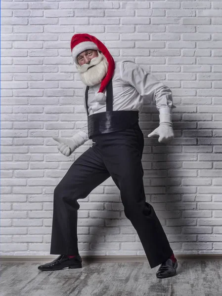 Grey Haired Bearded Man Black Trousers White Shirt Suspenders Image — Stock Photo, Image