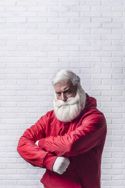 Grey Haired Bearded Man Red Jacket Image Santa Claus Standing — Stock Photo, Image