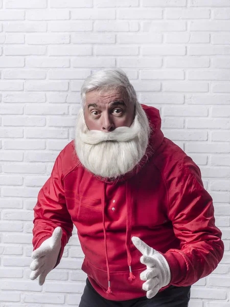 Grey Haired Bearded Man Red Jacket Image Santa Claus Standing — Stock Photo, Image