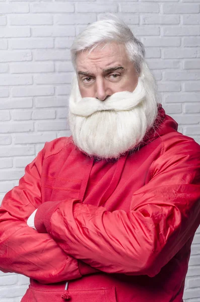 Grey Haired Bearded Man Red Jacket Image Santa Claus Standing — Stock Photo, Image