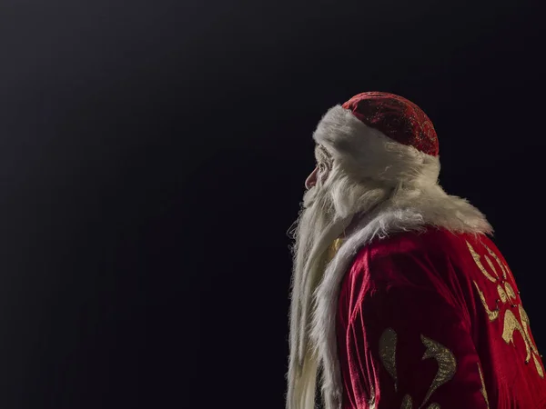 Weihnachtsmann Und Weihnachtsmann Auf Schwarzem Hintergrund Santa Claus Und Santa — Stockfoto