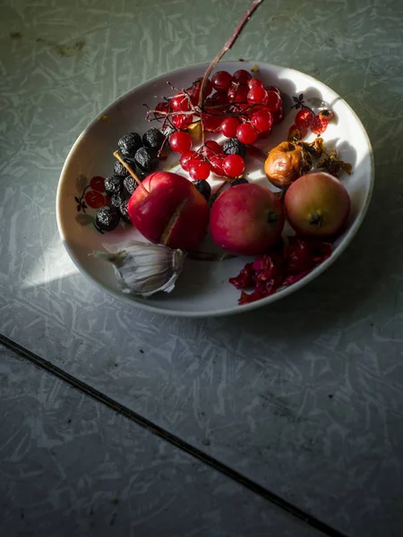 Beautiful Still Life Rowan Stretches Lying Plate Afternoon Table Interior — Stock Photo, Image