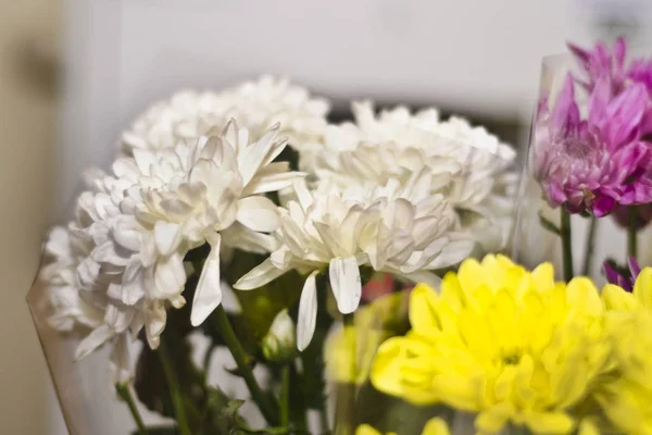 Beautiful and bright flowers. A beautiful bouquet of white and yellow flowers in plastic packaging.