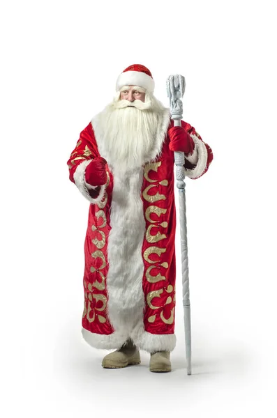 Santa Claus Bílém Pozadí Zábavné Moderní Santa Claus Vypadá Lupy — Stock fotografie