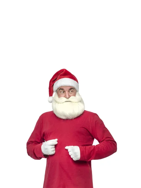 Santa Claus Bílém Pozadí Vtipné Originální Santa Klaus Blahopřeje Bílém — Stock fotografie