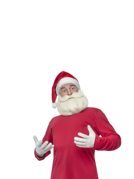 Santa Claus Bílém Pozadí Vtipné Originální Santa Klaus Blahopřeje Bílém — Stock fotografie