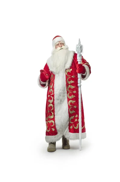 Santa Claus Bílém Pozadí Zábavné Moderní Santa Claus Vypadá Lupy — Stock fotografie